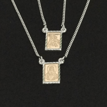 Escapulário Sagrado Coração de Jesus e Nossa Senhora do Carmo prata 925 + ouro 10k - (64 cm) - ESC03